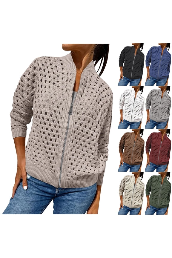 Women's Casual Hollow Knitted Long Sleeve Zipper Jacket Stylish Short Coat for Cool Weather Outings and Everyday Fashionable Looks
