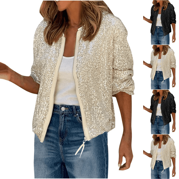 Paiwinds Women's Casual Hoodless Sequin Jacket, Long Sleeve Sherpa Outerwear with Lightweight Design, Evening Coat for Special Occasions and Nighttime Outings