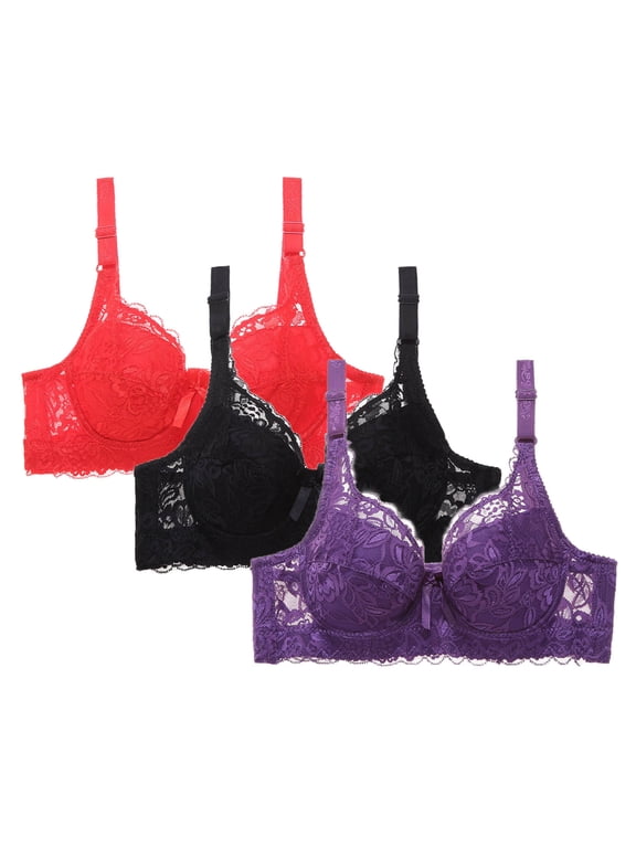 3-Pack Push Up Bras for Women Lace Underwire Full Coverage Plus Size Alluring Comfort Support Adjustable, Size 34B-46D