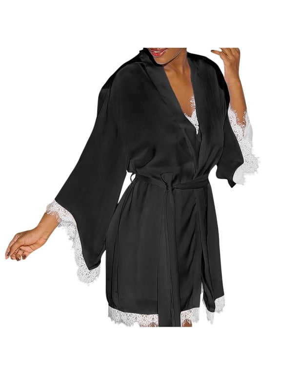 Women's Pajama Set - Lace Robe & Nightdress Set with Long Sleeve Collared Robe & Sleeveless Gown, Elegant Loungewear