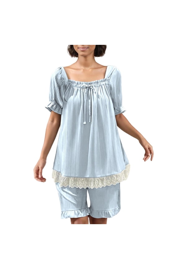 Women’s Lace Trim Short Sleeve Pajama Set - Crew Neck Loose Shorts, Soft Polyester Spandex Blend for Feminine Sleepwear