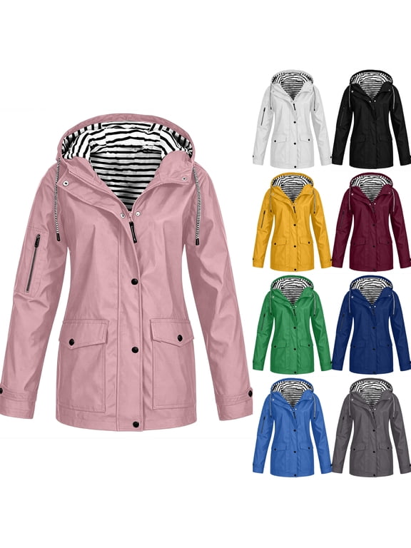 Women's Lightweight Anorak Jackets Hooded Full Zip Raincoat Long Sleeve Outdoor Windbreaker with Pockets Casual Regular Fit Mid-Length Coat for Spring Fall