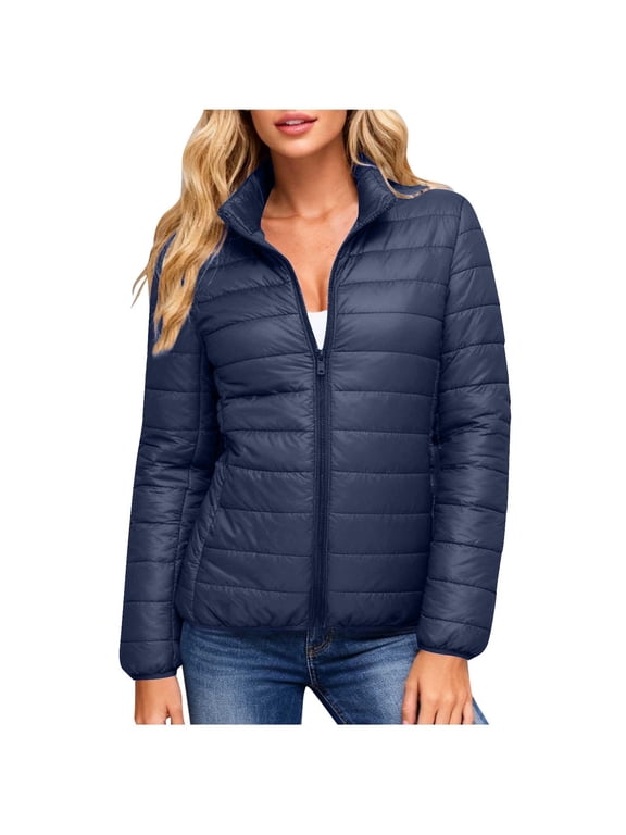 Women's Lightweight Puffer Jacket Zip Up Stand Collar Quilted Winter Coat with Pockets Casual Outerwear for Work Travel