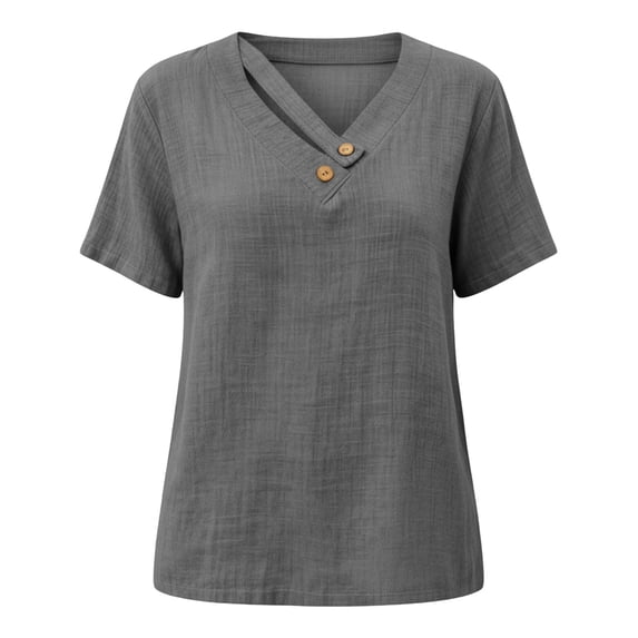 Paiwinds Women's Linen Blend V-Neck Short Sleeve Top with Button Detail - Loose Casual Summer Shirt in Beige