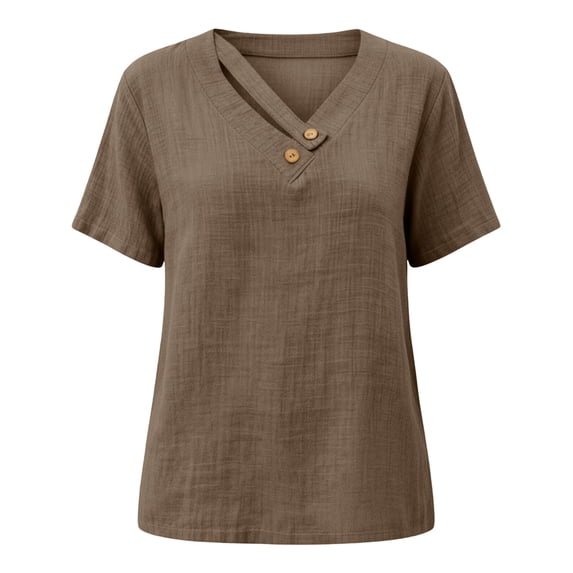 Paiwinds Women's Linen Blend V-Neck Short Sleeve Top with Button Detail - Loose Casual Summer Shirt in Beige