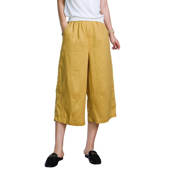 Paiwinds Women's Linen Blend Wide Leg Culottes Elastic Waist Casual Summer Pants with Pockets Loose Fit Solid Color High Waist Trousers