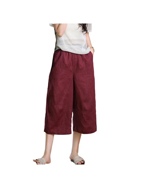 Women's Linen Blend Wide Leg Culottes Elastic Waist Casual Summer Pants with Pockets Loose Fit Solid Color High Waist Trousers