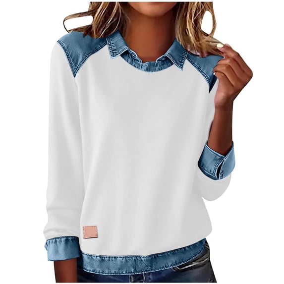 Paiwinds Women's Long Sleeve Lapel Pullover, Casual Denim Patchwork with Stitching Details for Daily Wear Outings and Relaxed Occasions, Soft Breathable
