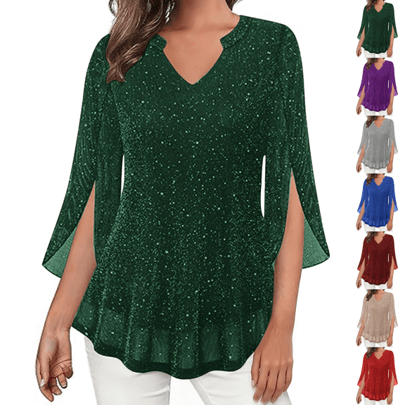 Paiwinds Women's Long Sleeve V-Neck Top, Sparkling Breathable Mesh with Gold Foil for Casual Wear Daily Activities and Parties, Lightweight Comfortable Blouse