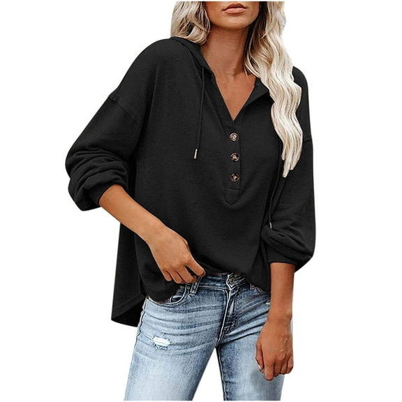 Paiwinds Women's Loose Casual Solid Color V-Neck Button Long Sleeve Hoodie Sweaters Tops for Holiday Wear with Fringe Design