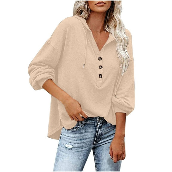 Paiwinds Women's Loose Casual Solid Color V-Neck Button Long Sleeve Hoodie Sweaters Tops for Holiday Wear with Fringe Design