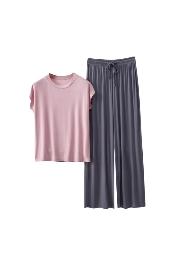 Women‘s Loose Modal Pajama Set - V-Neck Short Sleeve Top & Straight-Leg Pants, Soft Cotton Modal Blend Sleepwear for Home Lounge in Multiple Colors