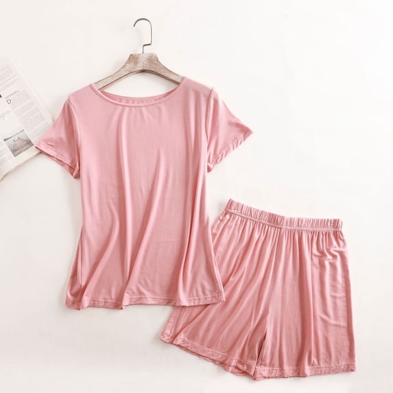 Paiwinds Crew Neck Pajama Set for Women - Loose Short Sleeve Top & Matching Shorts, Soft Cotton Blend Summer Lounge Wear