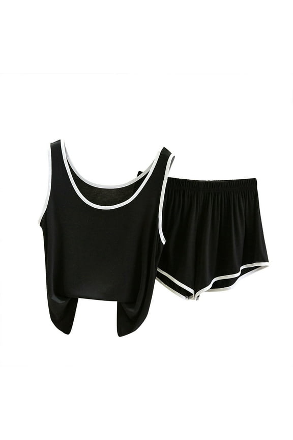 Women‘s Loose Suspender Pajama Set - Crew Neck Top & Shorts, Soft Nylon Spandex for Casual Home Comfort