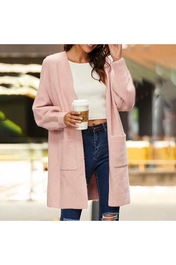 Women's Medium Long Double Pocket Knit Cardigan Open Front Casual Acrylic Sweater for Versatile Daily Activities and Stylish Looks