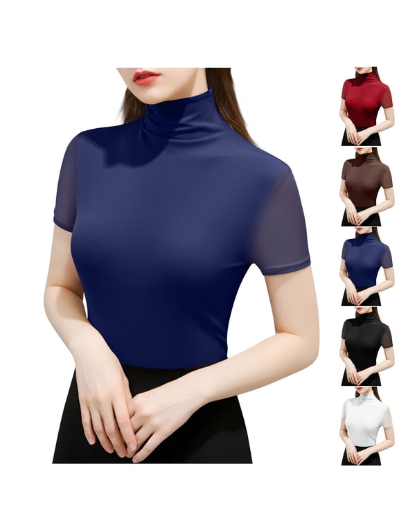 Women‘s Mesh High Neck Layering Top, Elastic Casual Shirt with Bottom Layer and Stretch Nylon Blend, Fashionable Cutout Design for Stylish Daily Wear