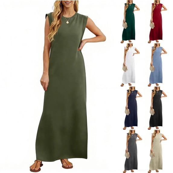 Paiwinds Women's Minimalist Pleated Shift Dress, Sleeveless Round Neck Casual Long Dress for Daily Style, Casual Parties
