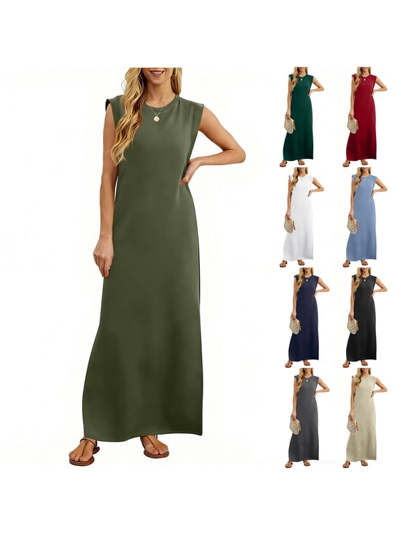 Women's Minimalist Pleated Shift Dress, Sleeveless Round Neck Casual Long Dress for Daily Style, Casual Parties