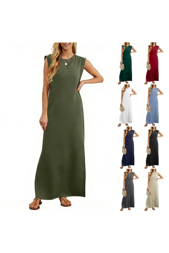 Women's Minimalist Pleated Shift Dress, Sleeveless Round Neck Casual Long Dress for Daily Style, Casual Parties
