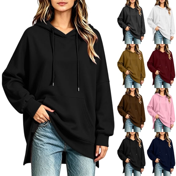 Paiwinds Women's Oversized Sweatshirts Cozy Hooded Long Sleeve Pullover with Drawstring and Front Pocket Casual Relaxed Fit Side Vent Tunic Tops