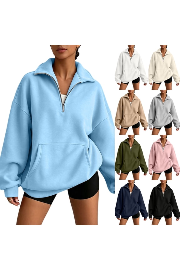 Women's Oversized Sweatshirts Half Zip Long Sleeve Stand Collar Pullover Tops Casual Athletic Running Workout Hoodie with Pocket