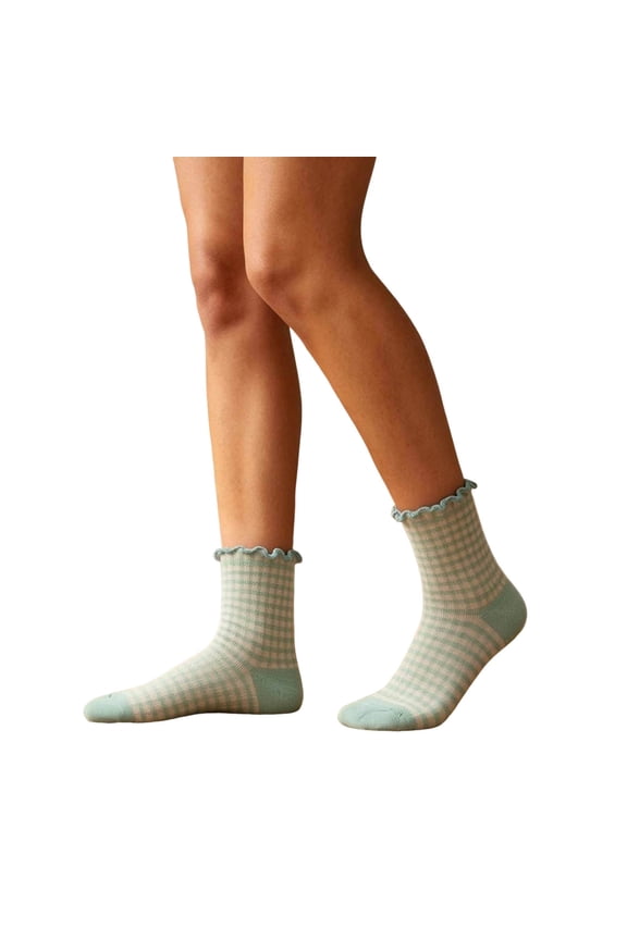 Women's Plaid Ruffle Trim Casual Socks Spring Summer Breathable Cute Crew Socks