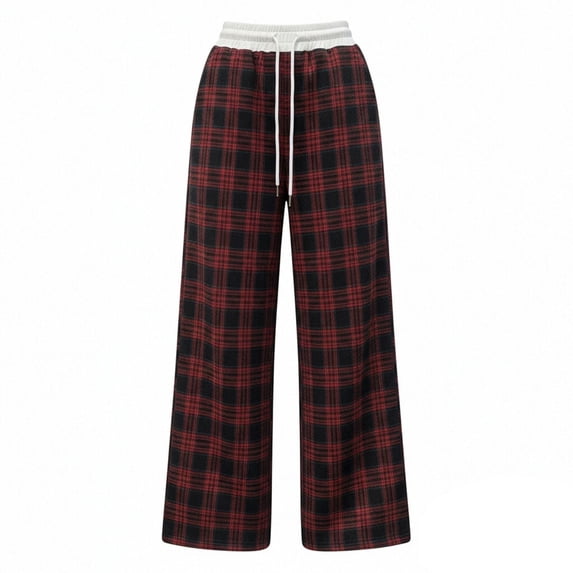 Paiwinds Women's Plaid Wide Leg Pants with Elastic Waist Drawstring Straight Leg Casual Trousers with Pockets for Spring and Fall