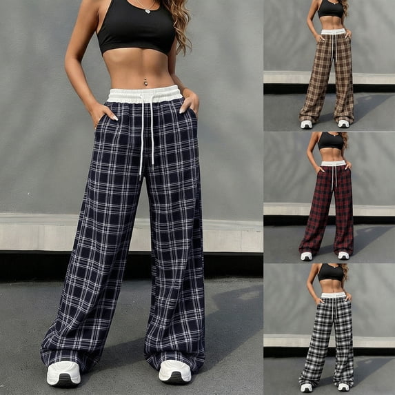 Paiwinds Women's Plaid Wide Leg Pants with Elastic Waist Drawstring Straight Leg Casual Trousers with Pockets for Spring and Fall