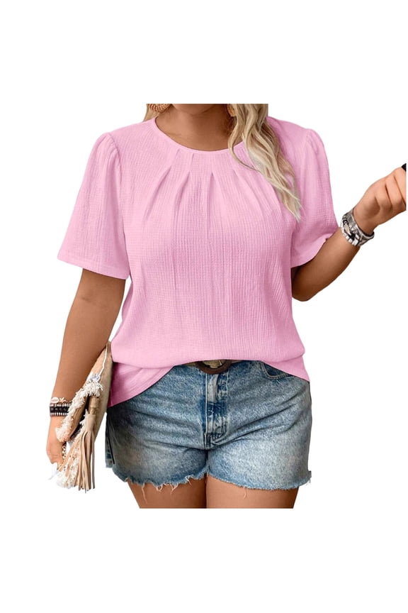 Women's Pleated Round Neck Short Sleeve Loose Pullover T-Shirt - Stretchy Polyester Cotton Blend Plus Size Top for Casual Daily Wear & Relaxed Style