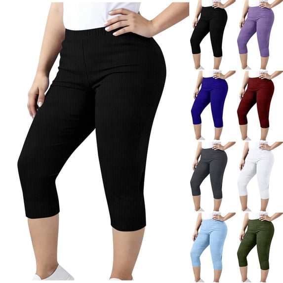 Paiwinds Women's Plus Size High Waist 7/8 Yoga Pants Knitted Rib Tummy Control Running Leggings
