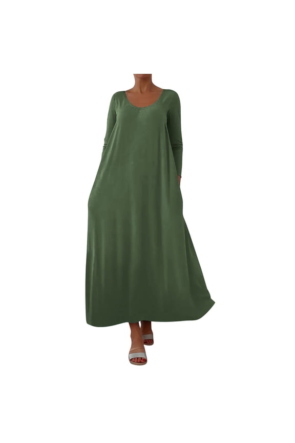 Women's Plus Size V-Neck Pocket Dress, Long Sleeve Casual Loose Fit Long Maxi Dress for Daily Comfort, Lounge, Home Wear