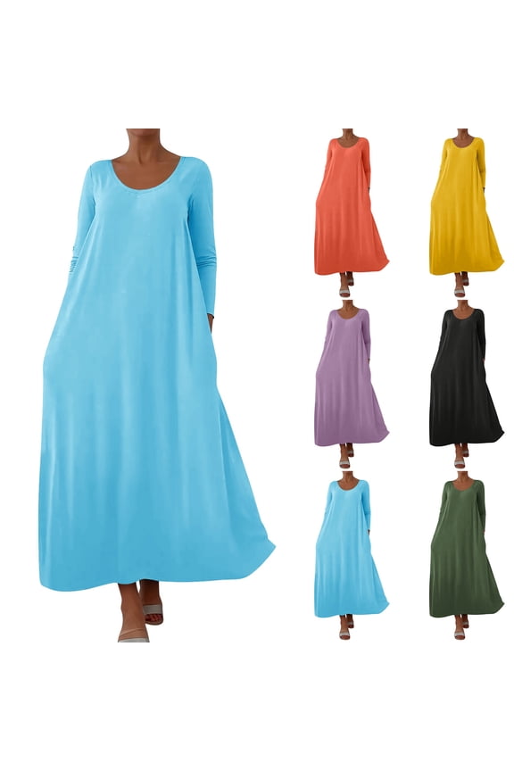 Women's Plus Size V-Neck Pocket Dress, Long Sleeve Casual Loose Fit Long Maxi Dress for Daily Comfort, Lounge, Home Wear