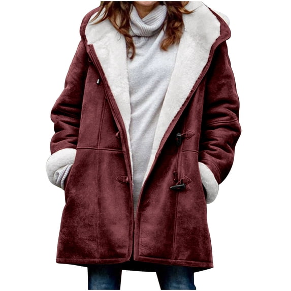 Paiwinds Women Winter Plus Size Solid Velvet Coat with Hood and Horn Buckle Pockets, Mid-Length Warm Overcoat for Casual Occasions