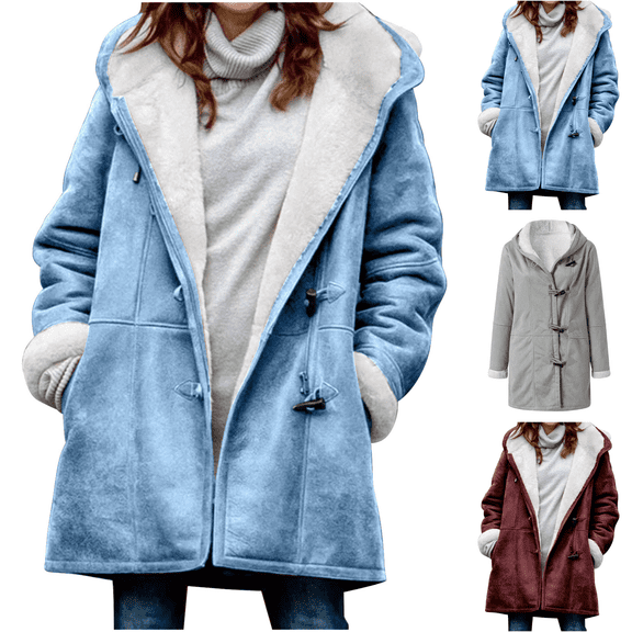 Paiwinds Women Winter Plus Size Solid Velvet Coat with Hood and Horn Buckle Pockets, Mid-Length Warm Overcoat for Casual Occasions