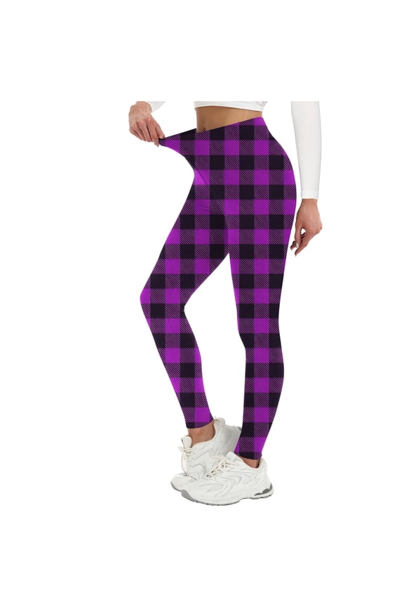 Women's Print Casual Hip Lifting Yoga Pants Leggings, High Waist Elastic, Stretchy Polyester Spandex, Skinny Fit Long Pants, Checkered Pattern.