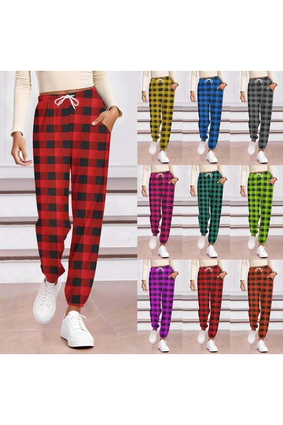 Women's Print Color Stretch Waist Strap Drawstring Pocket Pants, Jogger Style, Checkered Pattern, Long Pants for Home Wear, Multiple Colors.