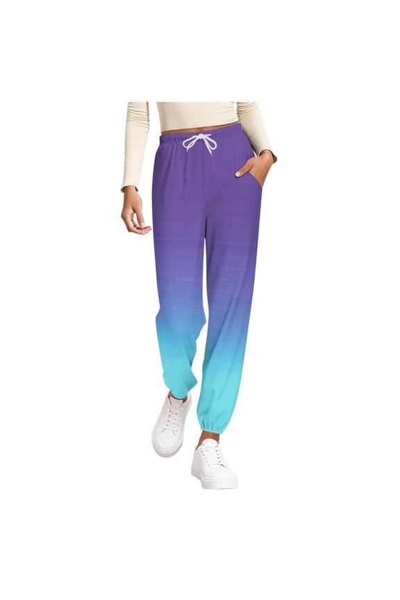 Women's Print Color Stretch Waist Strap Drawstring Pocket Pants, Jogger Style, Gradient Pattern, Long Pants for Home Wear, Multiple Colors.
