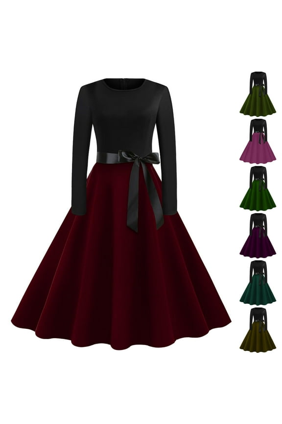 Women's Printed Lace-Up Detail Dress, Long Sleeve Round Neck Bohemian Maxi Dress for Parties, Statement Events