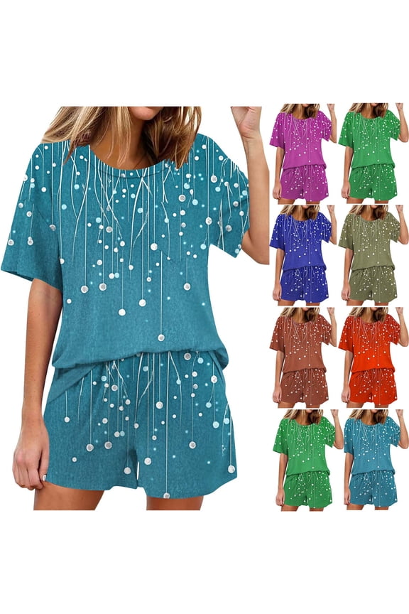 Women's Printed Short Sleeve Pajama Set Casual Round Neck Top & Loose Pants Home Sleepwear, Polyester-Spandex Blend, Sizes S-XXL