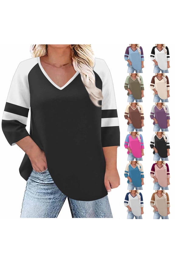 Women's Printed V-Neck Raglan Three Quarter Sleeve T-Shirt, Loose Fit Casual Top with Shoulder Wiping Design for Spring Summer Daily Wear