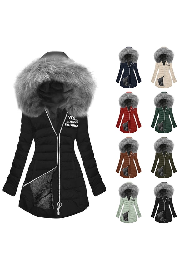 Women's Printing Hooded Padded Jacket Zipper Long Sleeve Comfortable Mid-Length Coat for Casual Wear and Daily Activities in Cold Weather