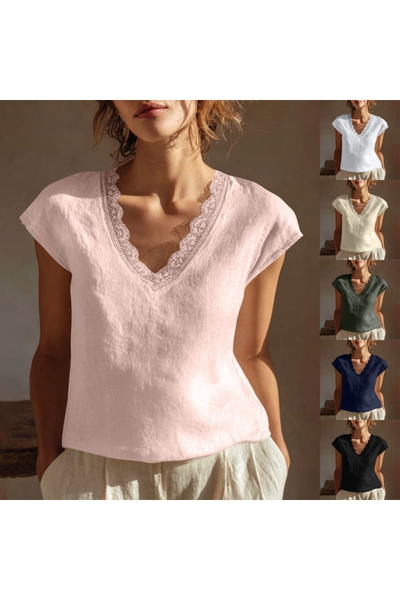 Women's Round Neck Lace Sleeve Loose Fit Solid Color Top, 2026 Summer Casual Blouse with Soft Linen Fabric for Everyday Wear