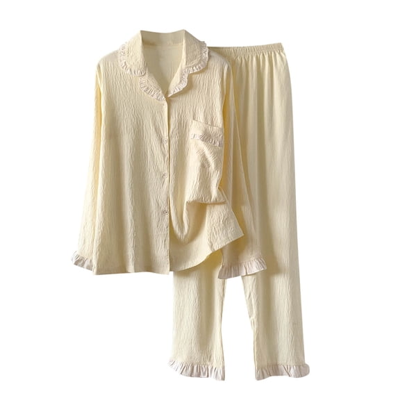 Paiwinds Women's Pajama Set - Turndown Collar Long Sleeve Top & Straight-Leg Cotton Pants, Classic Home Sleepwear