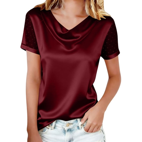 Paiwinds Women's Round Neck Short Sleeve Mesh Rhinestone Top Casual Solid Color Blouse Soft Polyester