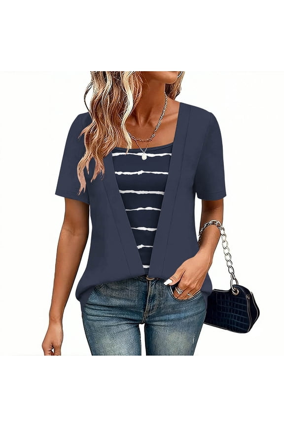 Women's Round Neck Short Sleeve Printed Layered Top Casual Summer Blouse Soft Polyester Spandex