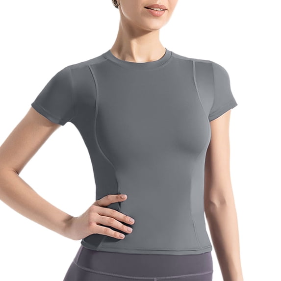 Paiwinds Women's Round Neck Short Sleeve Sports Top, Solid Color Casual T-Shirt, Comfortable Nylon Spandex Blend for Workout Activewear, Lightweight Breathable Fitness Shirt for Summer Exercise