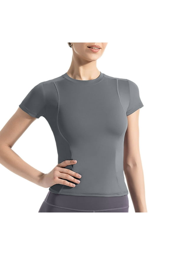Women's Round Neck Short Sleeve Sports Top, Solid Color Casual T-Shirt, Comfortable Nylon Spandex Blend for Workout Activewear, Lightweight Breathable Fitness Shirt for Summer Exercise