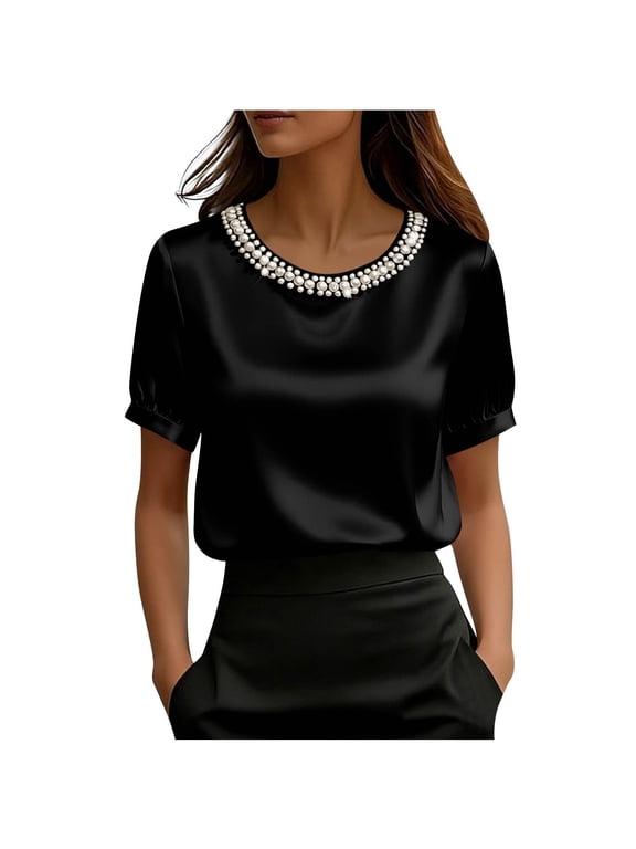 Women's Round Neck Short Sleeve Top Casual Solid Color Blouse Soft Polyester
