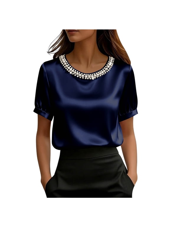 Women's Round Neck Short Sleeve Top Casual Solid Color Blouse Soft Polyester