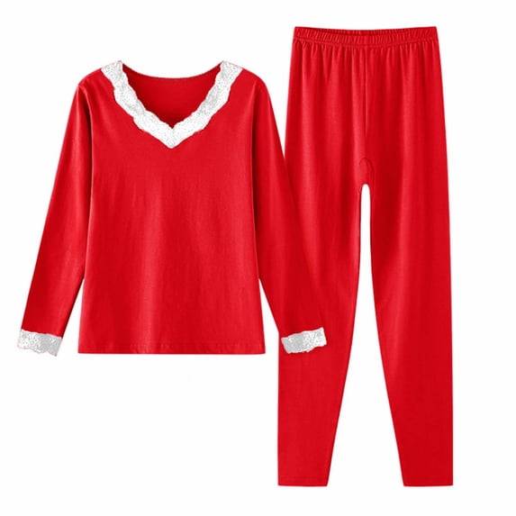 Paiwinds Women's Pajama Set - V-Neck Long Sleeve Fitted Top & Slim-Leg Pants, Cozy Thermal Sleepwear for Cold Winter Nights